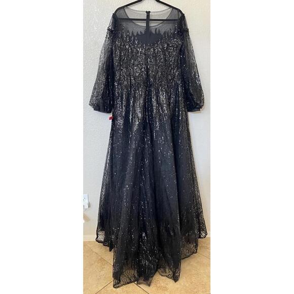 New Mac Duggal Jewel Encrusted Illusion Long Sleeve A Line Gown In Black Sz 16 - Picture 7 of 10